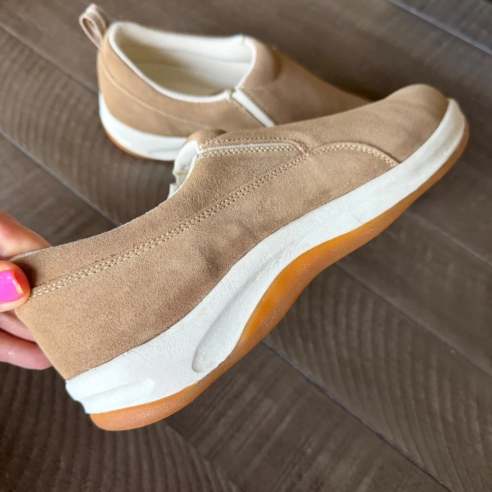 Lands End Womens Tan Suede Slip On Loafers Size 10 M Comfort Walking Shoes